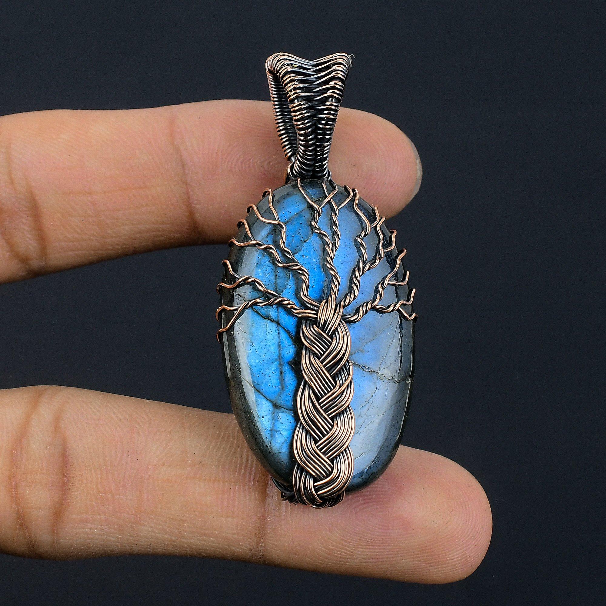 

Подвеска из лабрадорита, Подвеска ручной работы, обернутая медной проволокой 999 пробы, Антикварное украшение, Для подарка, Серебряное украшение 2.55 Inches
