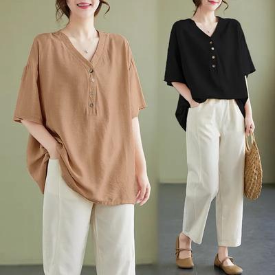 Summer Short-sleeved Ice Silk Cotton and Linen V-neck Blouse T-shirt Mother Outfit