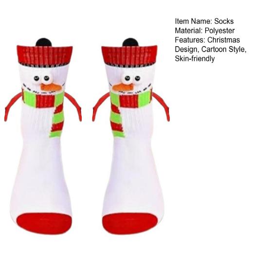 Cartoon Christmas Socks Magnetic Holding Hands Socks Cute Snowman Reindeer New Year Socks Fun Gifts for Girls Teens Birthday Holidays