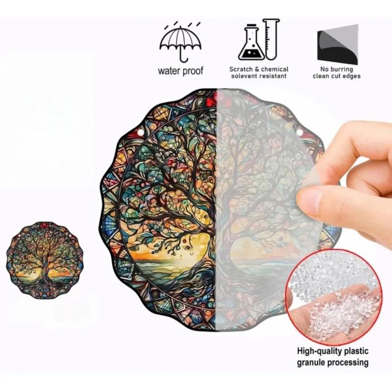 1pc Acrylic Creative Life Tree Ornament Double Sided Painted Wall Glass Window Decoration Hanging Round Design Pendant Gifts