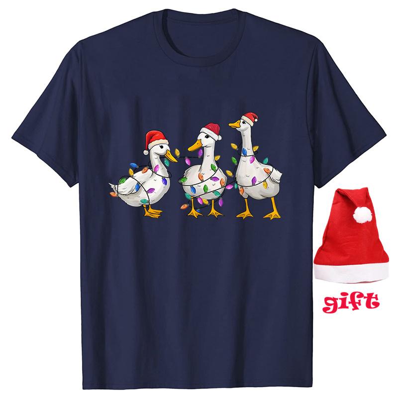 

Забавные утиные рождественские принты, топы, модные женские футболки для рождественской вечеринки, графические топы с рождественскими шапками, женская одежда, футболка L