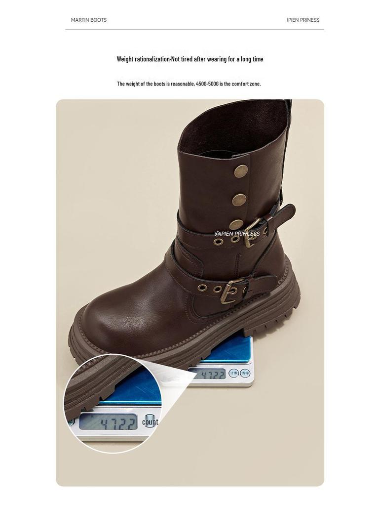 2025 New Women's British Style Martin Boots - Brown Retro Mid-Calf, Perfect for Early Autumn with Skirts