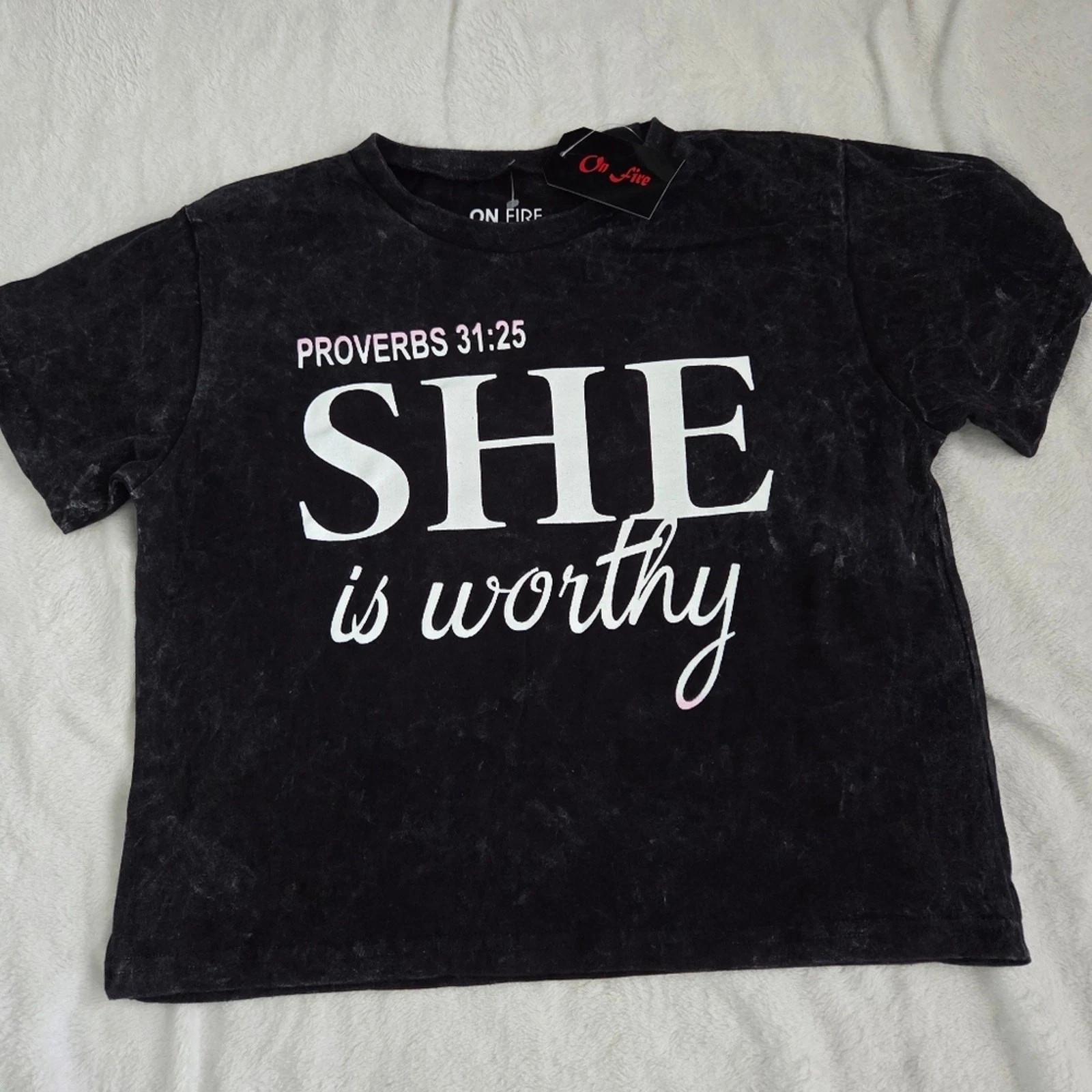 On Fire L Christian Graphic Tee She Is Worthy Child of God Proverbs 31:25 Nwt/ L S