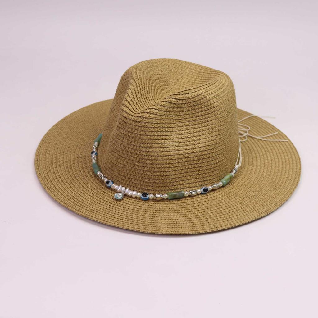 New straw hat men's and women's travel beaded western cowboy hat sunshade sunscreen breathable vacation Panama straw hat