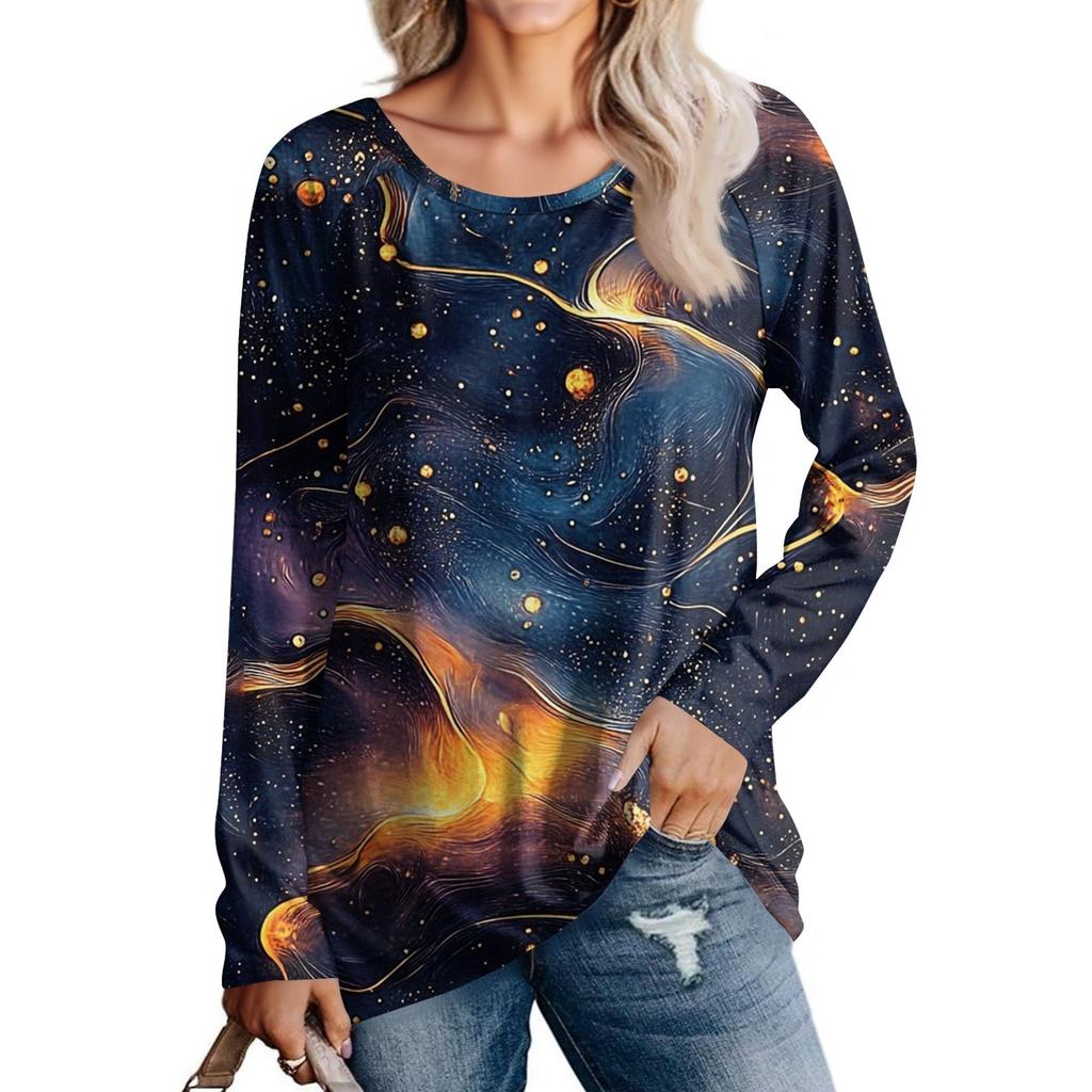 Women's Fashion Casual Long Sleeve  Print Round Neck Pullover Top Blouse