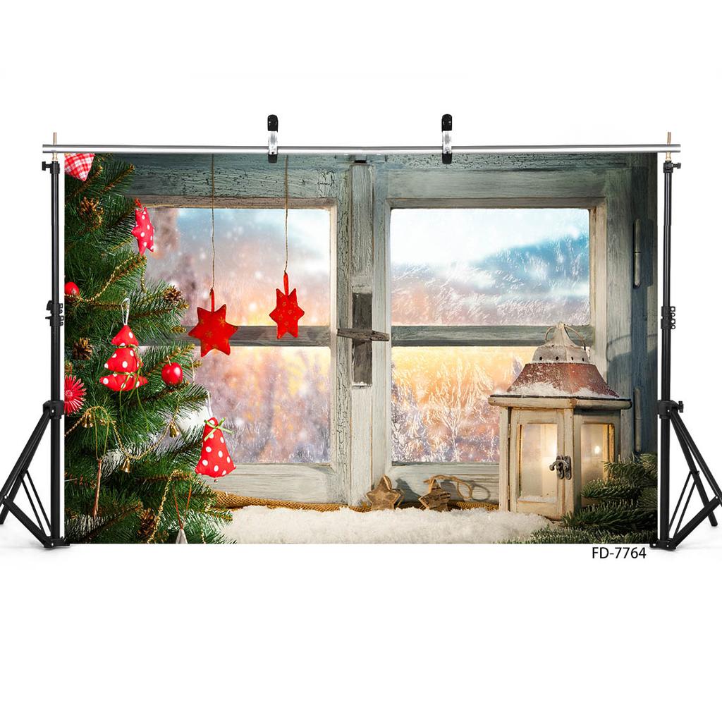 Christmas Party Decor Backdrop Photocall Winter Snow Window Pine Tree Stars Baby Family Photographic Background Photo Studio