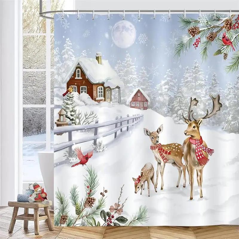 Christmas Shower Curtains Cute Elf Santa Claus Snowman Red Bird Xmas Tree Winter New Year Home Bathroom Curtain Decor With Hooks