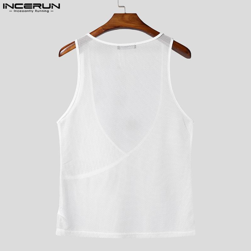 INCERUN Men Deep U Neck Sleeveless Mesh See Through Party Beach Tank Tops