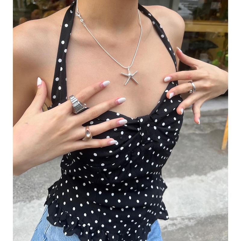 Dot Print Tops Women Halter Low-Neck Bandage Ruffles Backless Sleeveless Skinny Fashion Street Versatile Vest