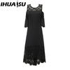 IHUASU Embroidery Lace Patchwork Plus Size Women Dress Flared Short Sleeve Cold Shoulder High Waist