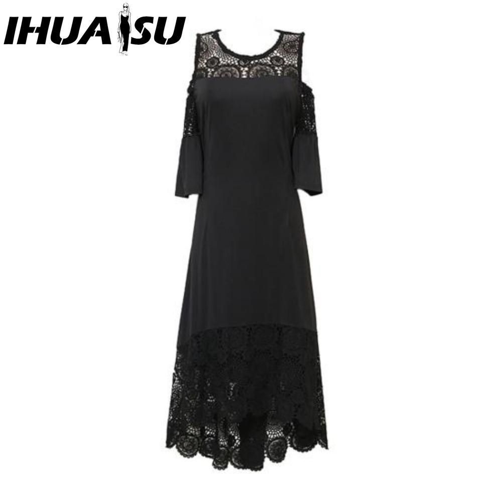 IHUASU Embroidery Lace Patchwork Plus Size Women Dress Flared Short Sleeve Cold Shoulder High Waist
