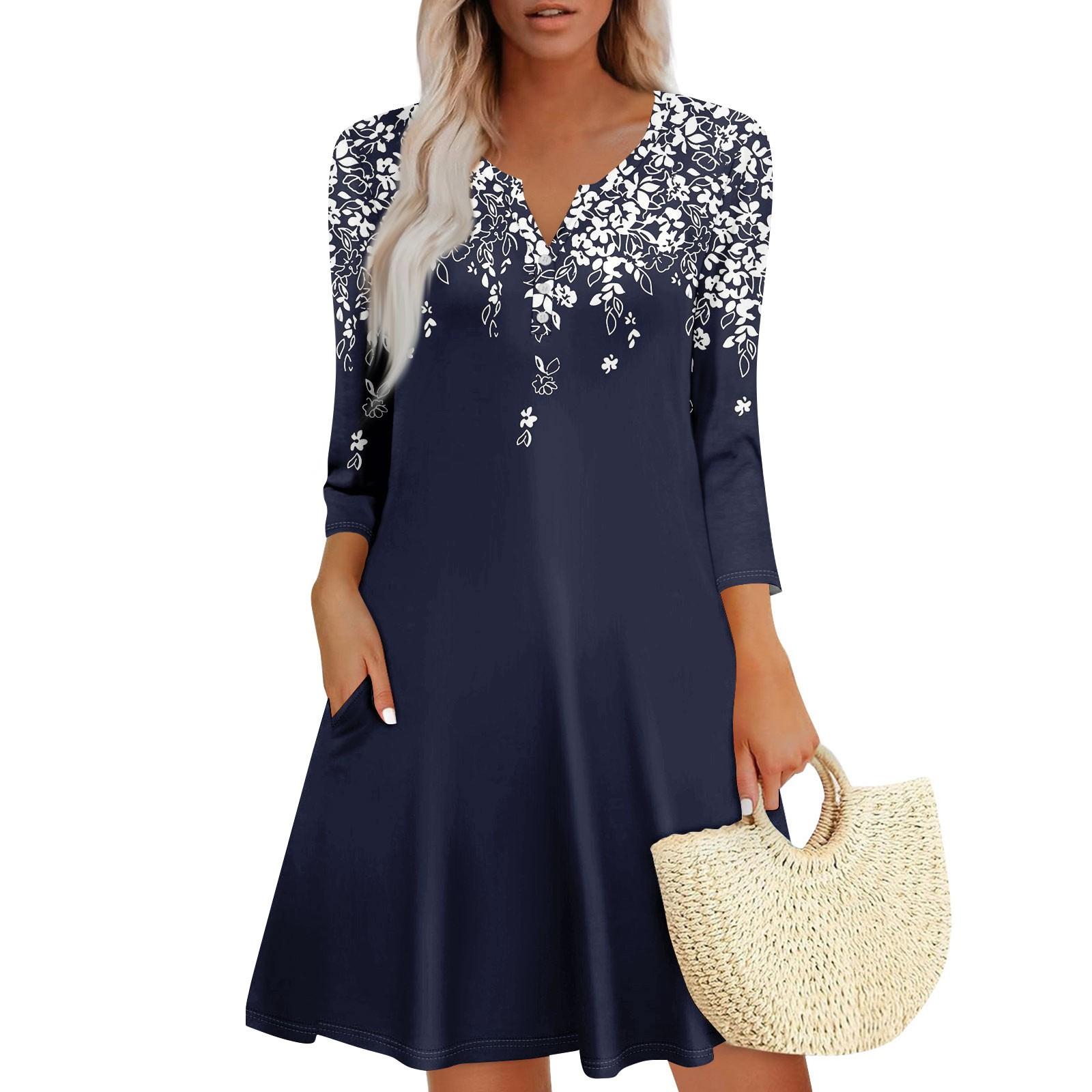 

Женское летнее платье, свободное платье с V-образным вырезом, рукавом три четверти и карманами XXL тёмно-синий
