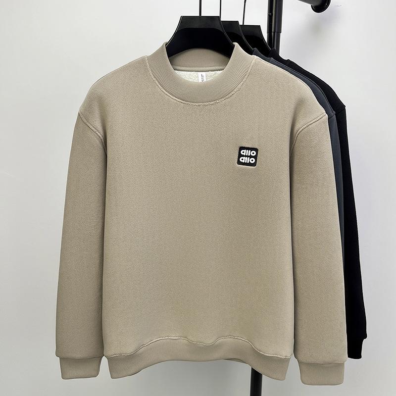 Men's Heavyweight Alpaca Wool Hoodie with Velvet Lining, Fleece-Lined, Versatile Round Neck Base Layer Shirt