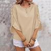 Women Tops Round Neck Lace Trim 3/4 Sleeve Pullover Tops Solid Color Loose Fit Spring Summer Tee Shirt Daily Wear