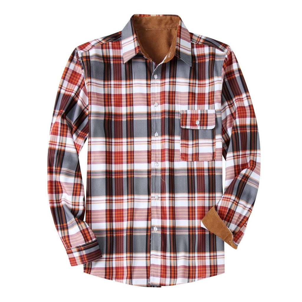 Men's Fashion Casual Loose Plaid Pocket Lapel Long Sleeve Shirt Top Blouse