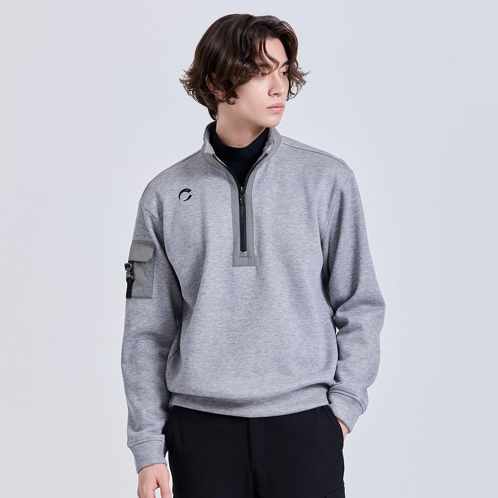 CHALLENGER Men'S Mink Bonded Woven Mix Half-Zip Long Sleeve T-Shirt Melange Grey