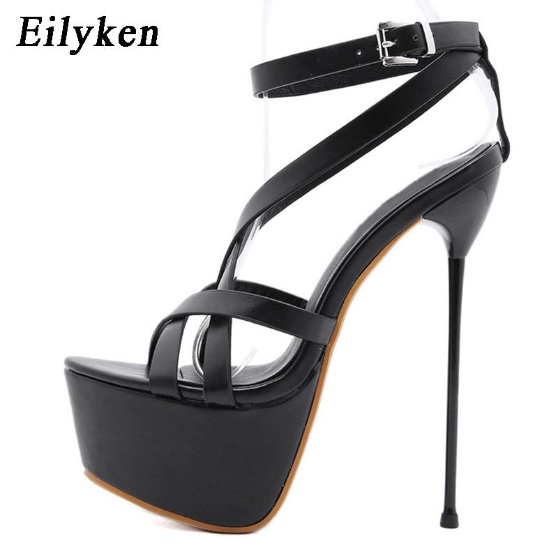 Fashion Eilyken Open Toe Ankle Buckle Strap Women Sandals Pumps Party Platform Club Stiletto High Heels Hollow Out Dress Shoes Black