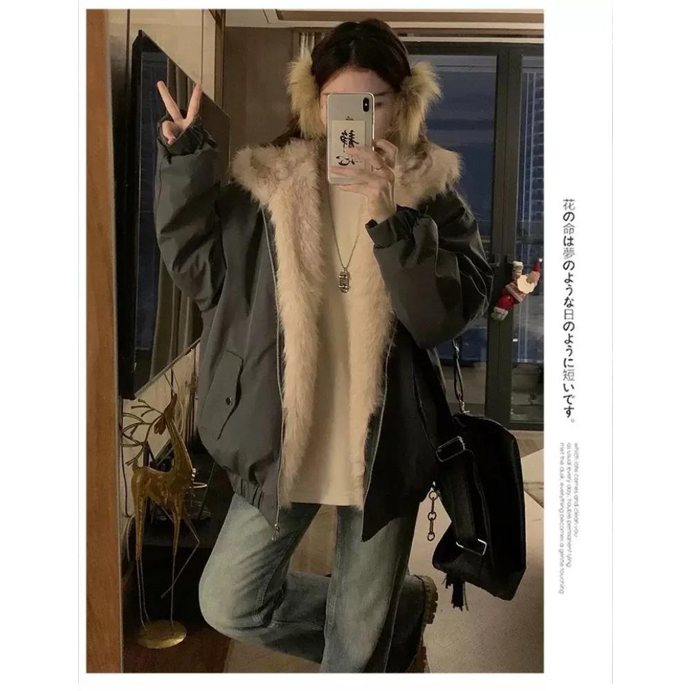 

Double-Sided Warm Fur Coat Women Autumn Winter Loose Thicken Plush Cotton Coat Hooded Imitation Mink Fur Outwear XL чорний