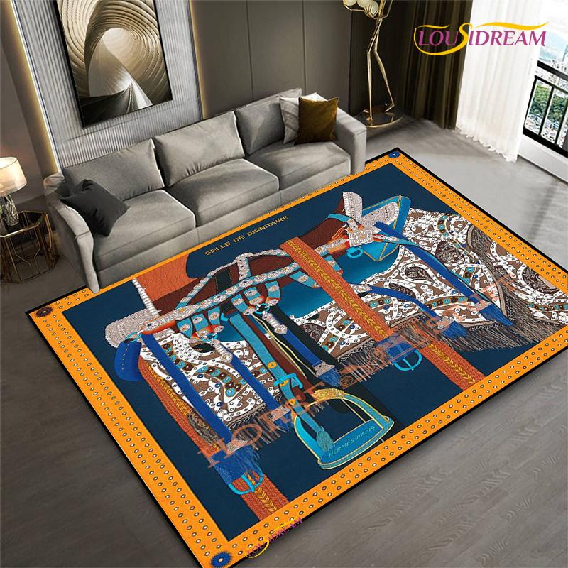 Fashion Ethnic Frame Carpet Horse Home Decor Rectangle Room Rug Black Green Orange Living Room Bedroom Bedside Floor Table Mat