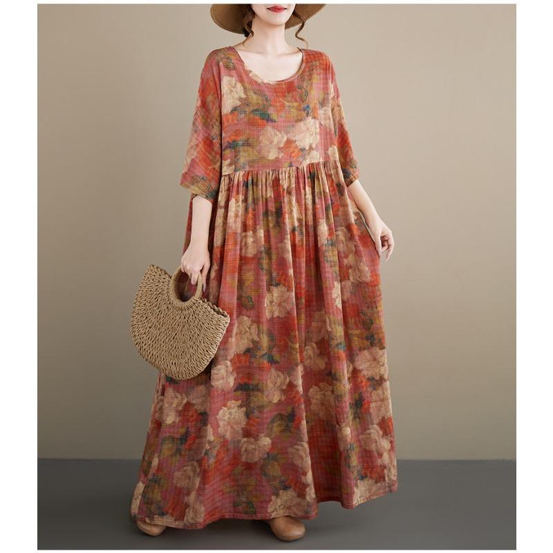 DIMANAF New 2026 Summer Beach Women Plus Size Lady Long Dress Loose Oversize Maxi Floral Print Vintage Cotton