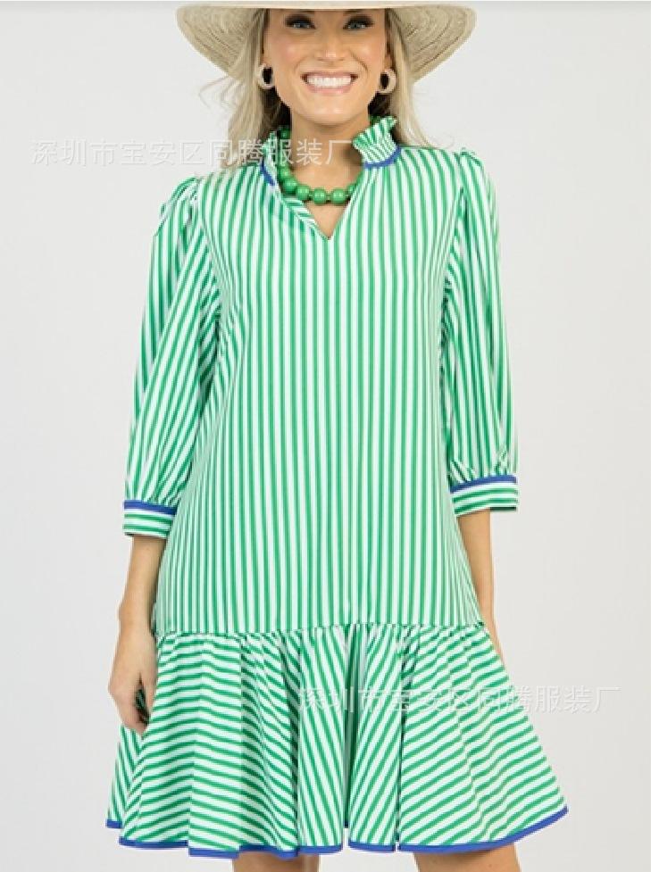 European And American Summer Women S Clothing New Striped V-Neck Elegant Medium And Long Lotus Leaf Skirt S