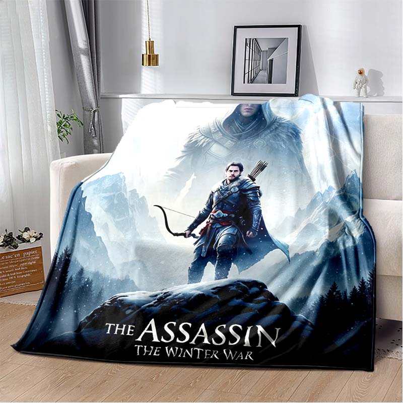Assassin's Creed Hooded Figure Flannel Blanket Red Smoke Logo Print Soft Warm Throw For Sofa Bed Gamer Home Decor