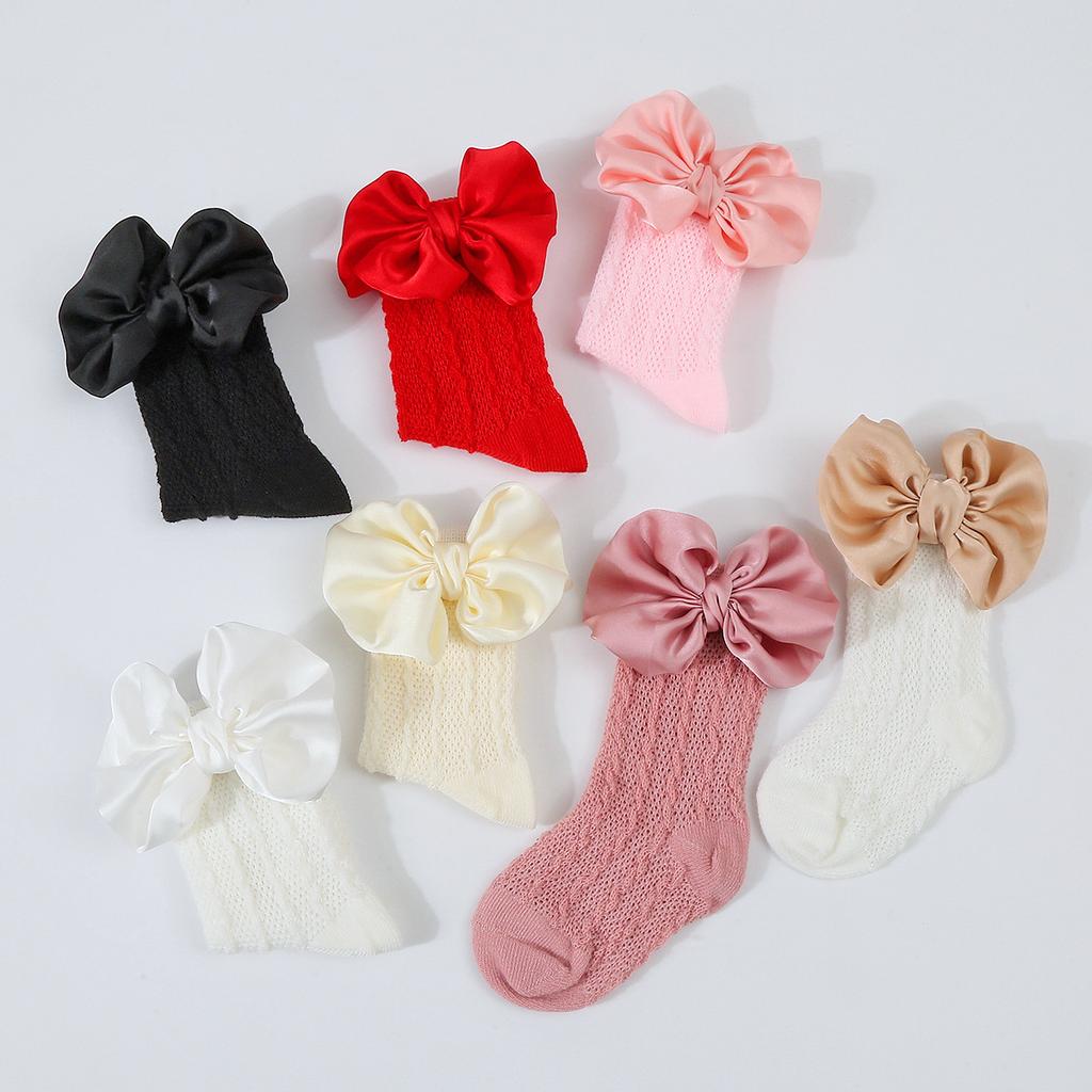 1Set Neugeborenen Big Bowknot Stirnbänder Aushöhlen Lange Socken Neue Baby Weiche Feste Prewalker Socke Mädchen Infant Gestrickte Haarband Socken