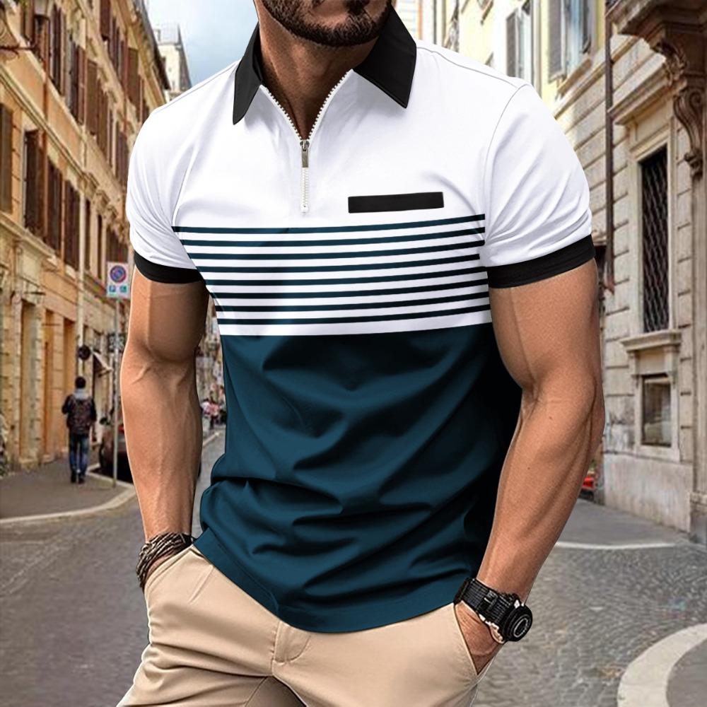 Summer Casual Polo Shirt with Zip – Men’s Printed Striped Short-Sleeved T-Shirt