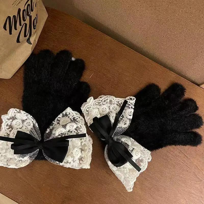 Lolita Winter Warm Knitted Full Finger Gloves Women's Ribbon Ties Lace Gloves Lady Thickened Fleece Woolen Mittens Warm
