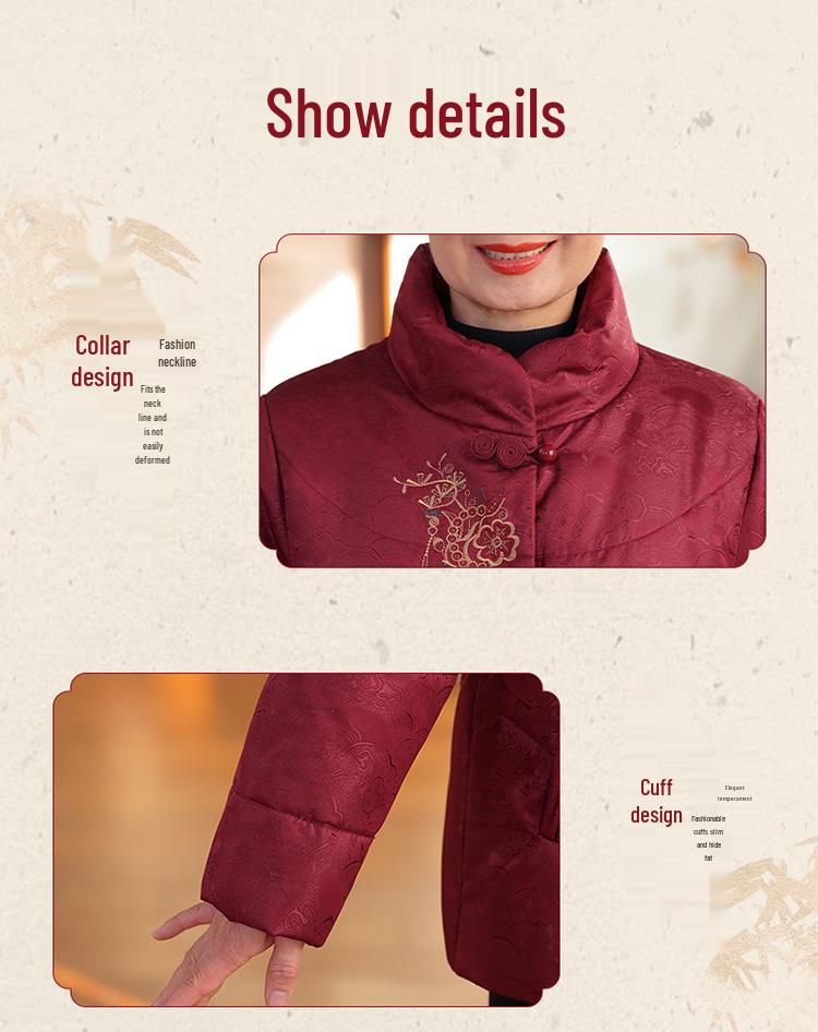 Stylish High-Collar Cotton Jacket for Middle-Aged and Elderly Women - Warm Winter Coat for Moms and Grandmothers, Chinese-Inspired Design