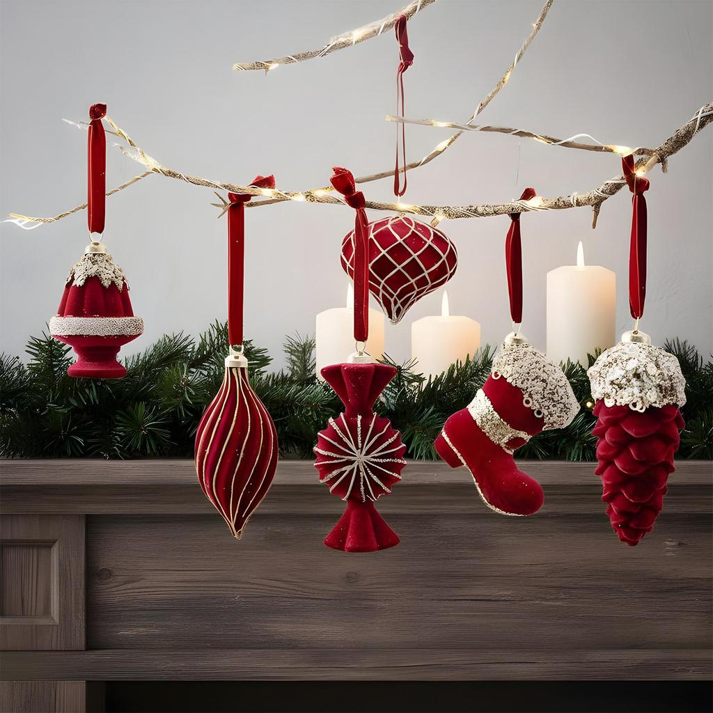 6pcs Wine Red Plush Candy Pine Cones Christmas Tree Decoration Flocking Christmas Themed Balls Ornament For Living Room