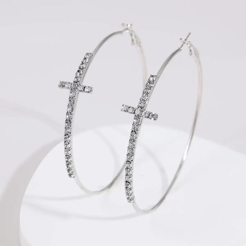 Sparkling Rhinestone Cross Large Hoop Earrings: 7cm, Niche Design, Face-Slimming