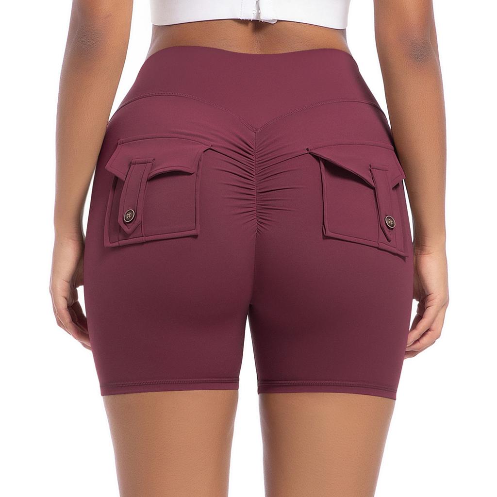 Workwear Pocket Tight Shorts Women's High Waist Elastic Hip Lifting Button Yoga Pants Speed Drying Running Fitness Pants