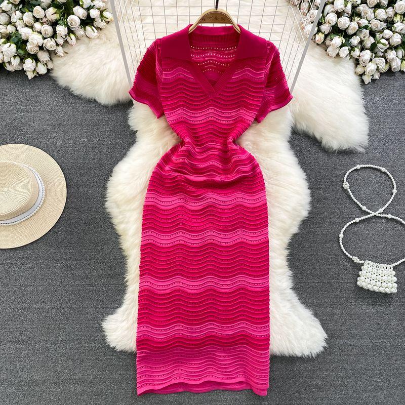 

Polo Summer Stripes Dress Elegant Graceful Short Sleeve Rose Red All yards