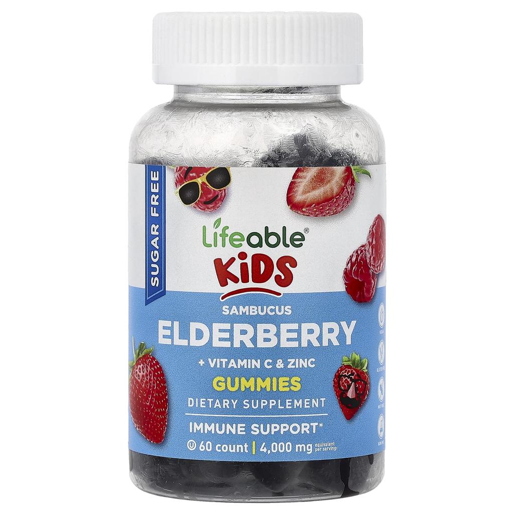 Lifeable Children's, Sambucus Elderberry + Vitamin C & Zinc Gummies, Berry Flavor, 60 Gummies