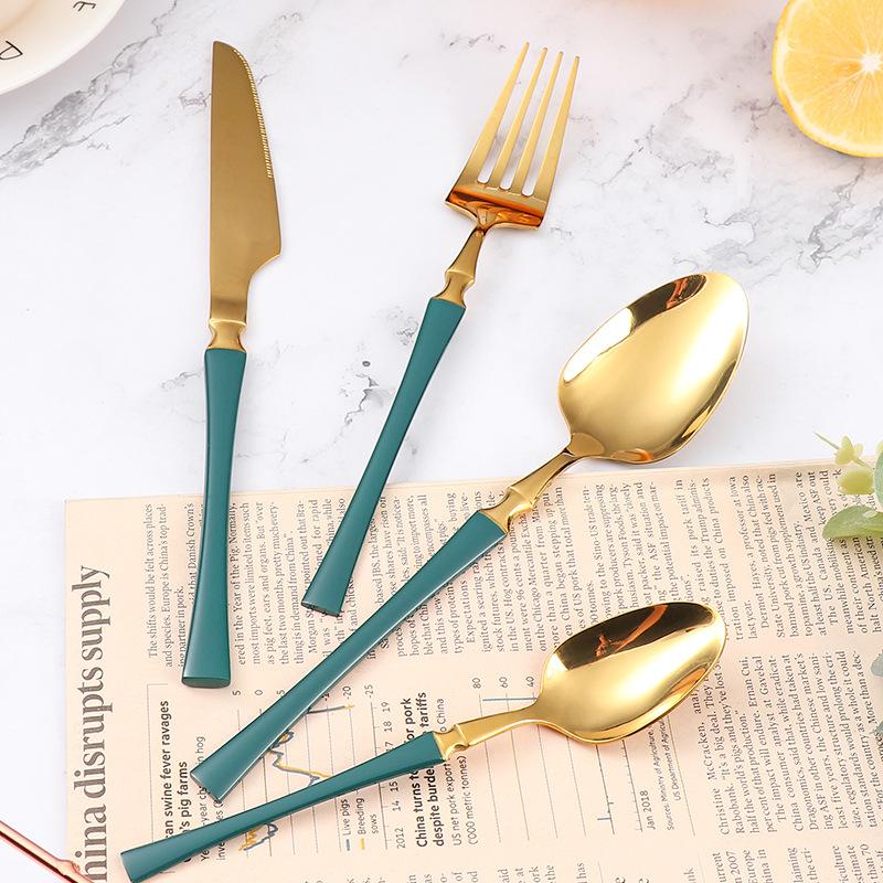 24pcs Stainless Steel Cutlery Black Gold Mirror Dinnerware Set Tableware Knife Fork Coffee Spoon Flatware Dishwasher Safe Dinner