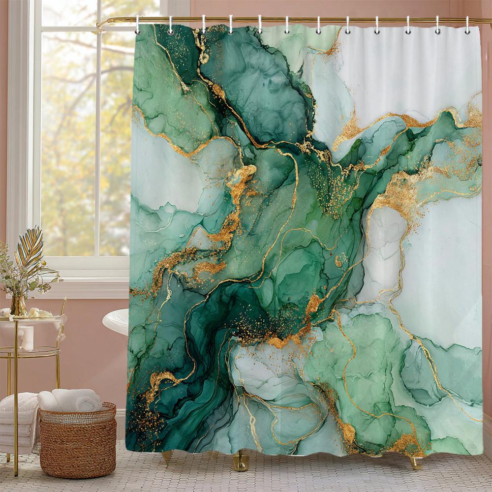 

Green Marbled Flow Art Shower Curtain, Bathroom Decorative Shower Curtain, Waterproof Shower Curtain With Hooks W60H190(CM)-1 Pcs
