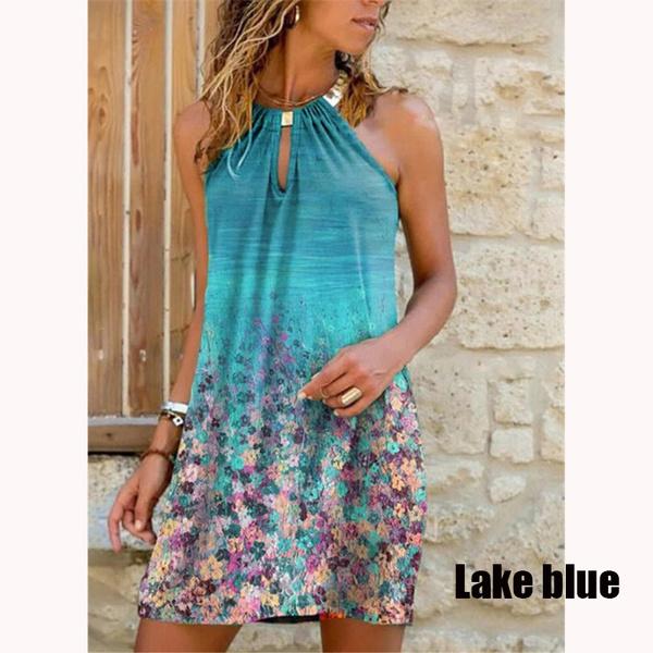 Women's Fashion Summer Sleeveless Print MINI Dress Casual Neck Halter Dress