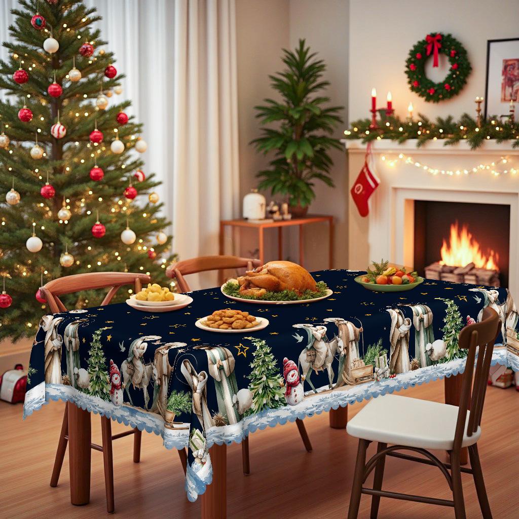 Christmas Round Tablecloth, Vintage, Christmas Tree Snowman Jesus Tablecloth, Table Fabric Round tablecloth-152x152cm