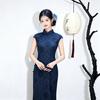 navy blue ancient full placket sleeveless plaid national style new Chinese long cheongsam improved young women's high sense