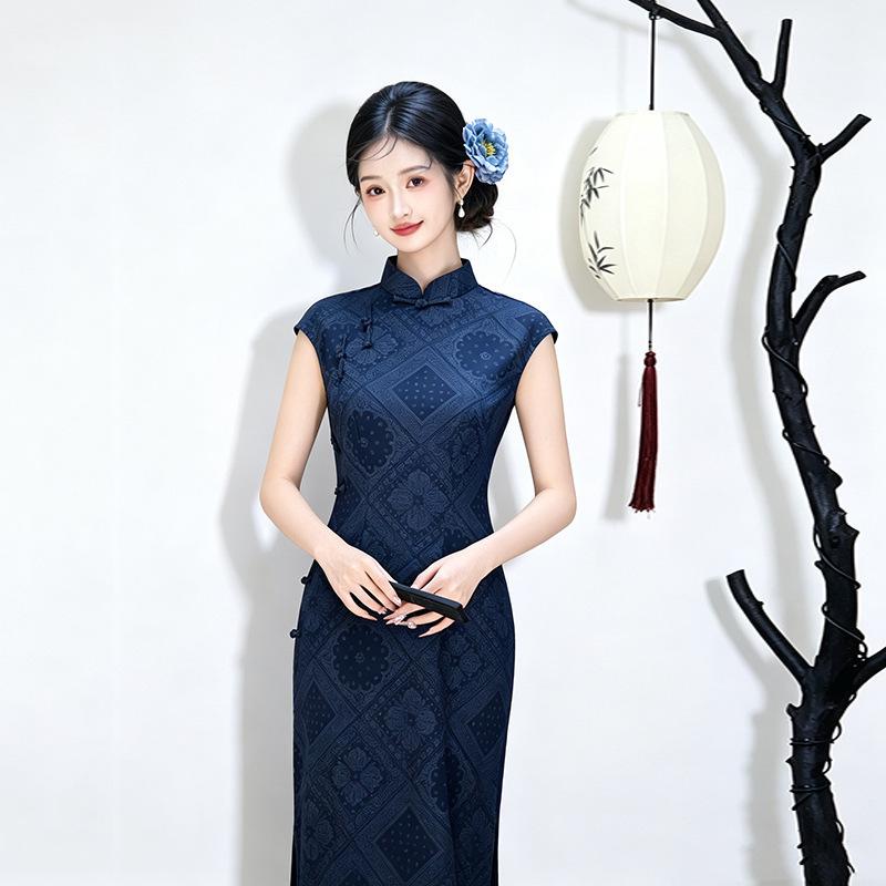 navy blue ancient full placket sleeveless plaid national style new Chinese long cheongsam improved young women's high sense