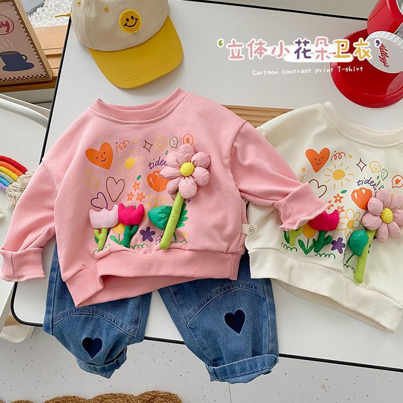 Girls 3D Flower Sweatshirt Baby Round Neck Long Sleeve Top Fashionable Casual Base Layer Shirt