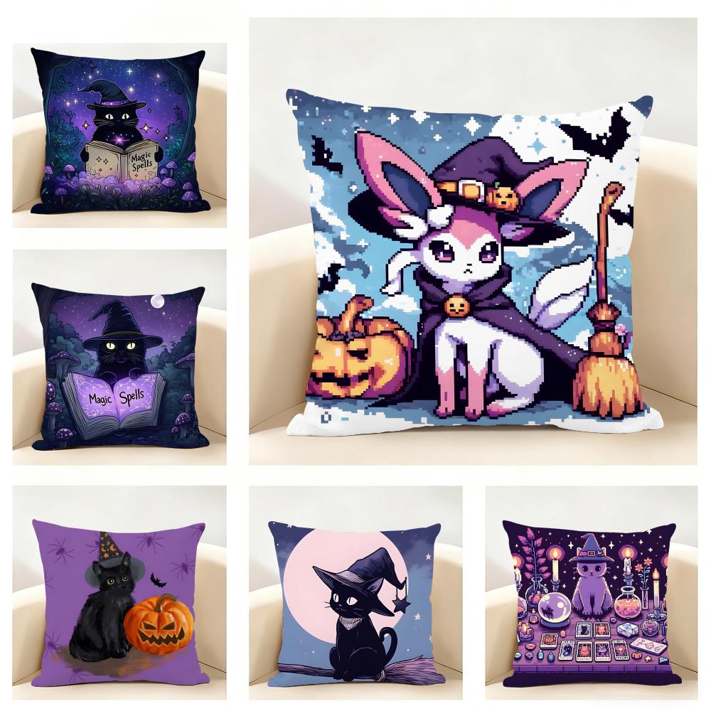 Halloween Cute Purple Cat Cushion Cover Linen Pillowcase Soft for Sofa Bed Home Room Decor