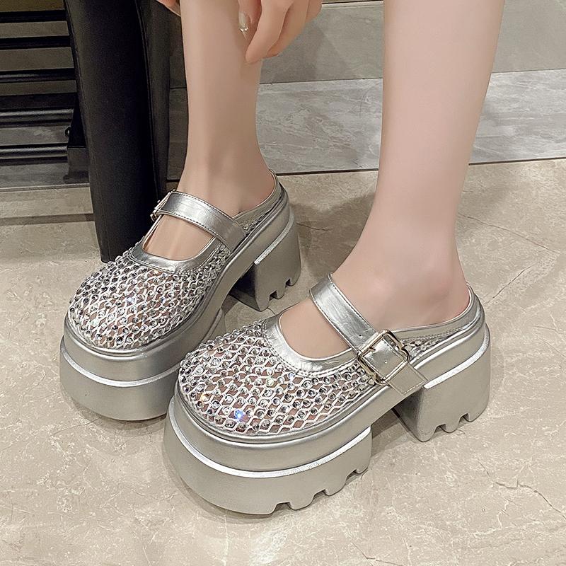 Super high-heeled slippers women's round head shallow mouth mesh cloth metal buckle set foot non-slip sandals