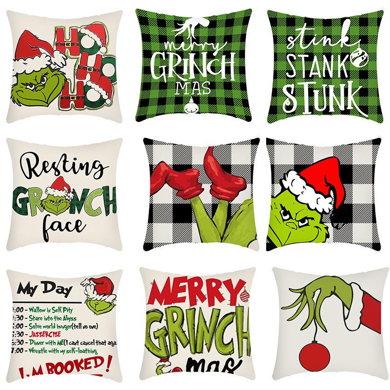 Grinch Linen Throw Pillowcase Holiday Sofa Office Cushion Pillowcase Green Furry Christmas Pillowcase