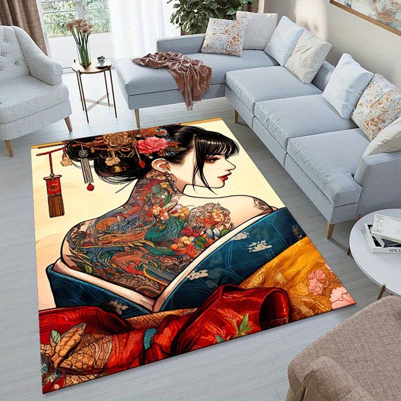 

[Vibrant Geisha Art Rug] Polyester Vibrant Geisha Art Rug | Traditional Japanese Kimono Design with Floral Tattoo Patterns | Rec 50x80cm