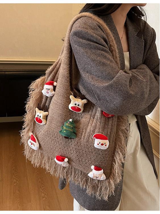 Wolle Gestrickte Retro Cartoon Umhängetasche - Große Kapazität Herbst/Winter Mode für Frauen & Mädchen