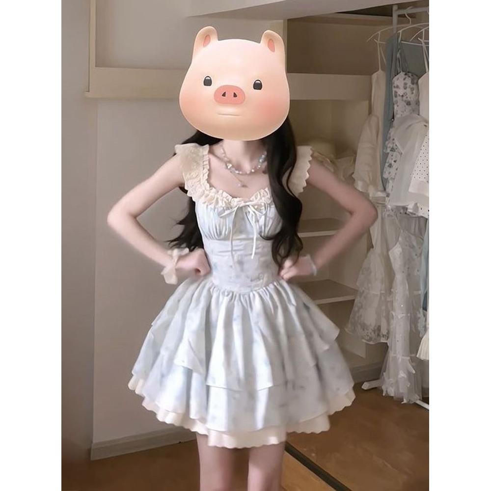 Summer French gentle wind sweet waist tutu skirt super good-looking French unique beautiful floral suspender dress