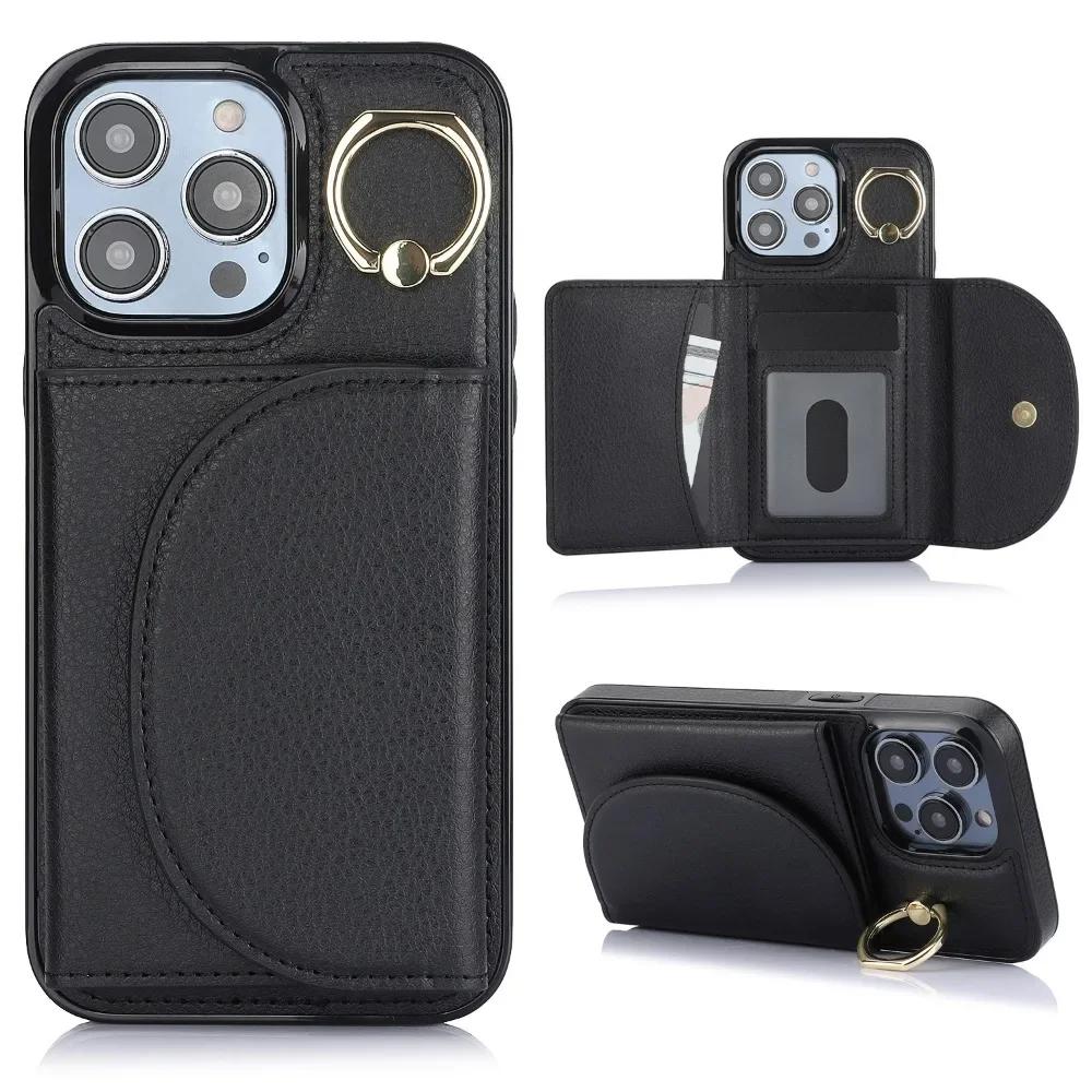 

Чехол для телефона с кольцом-подставкой из кожи для iPhone 15 14 Plus 13 12 11 Pro XS Max X XR 7 8 Plus SE 2020 2025, кошелек с держателем для карт, чехол iPhone 12(12 Pro) чёрный