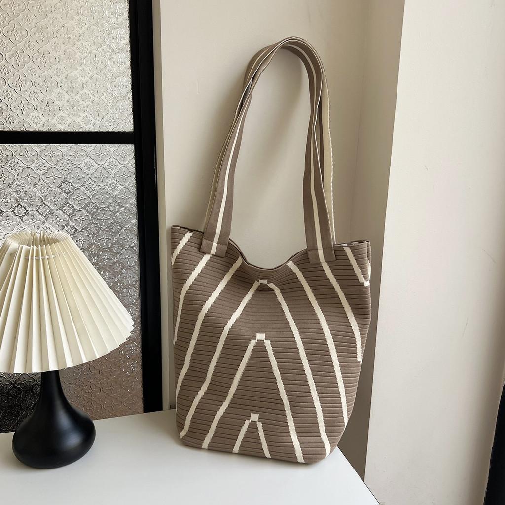 Stylish Korean Striped Knitted Women's Bucket Bag With Soft Fabric And Spacious Design
